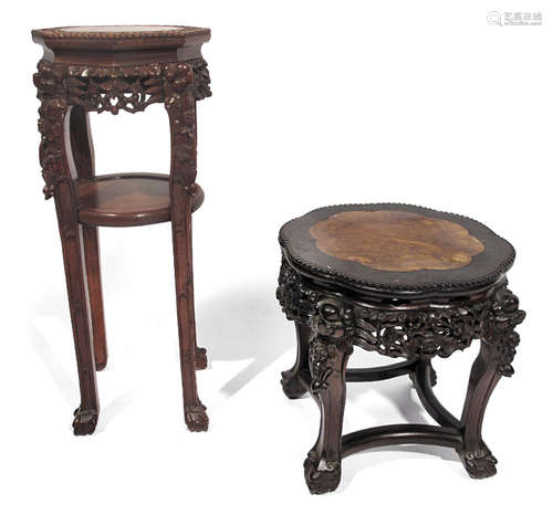 TWO HARDWOOD STANDS WITH MARBLE TOP