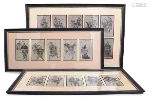 THREE FRAMES WITH 20 BOOK PRINTS DEPICTING FIGURAL SCENES