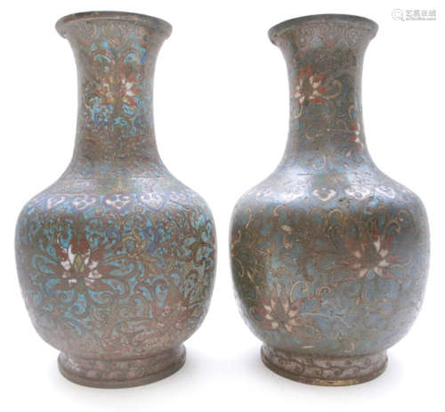 A PAIR OF CLOISONNE BOTTLEVASES DEPICTING LOTUS