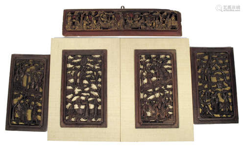 FIVE OPEN-WORK CARVED WOOD PANELS DEPICTING FIGURAL SCENES