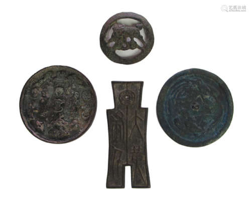 TWO LITTLE BRONZE MIRRORS AND TWO BRONZE MOUNTINGS