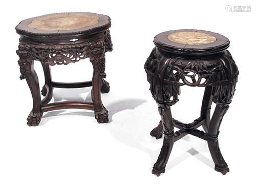 TWO CARVED WOOD STANDS WITH MARBLE TOP