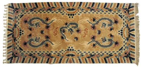 A WOOLEN CARPET DEPICTING FIVE DRAGONS