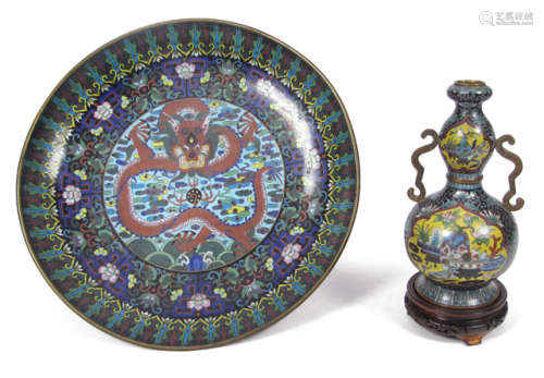 A CLOISONNE VASE AND A DRAGON PLATE