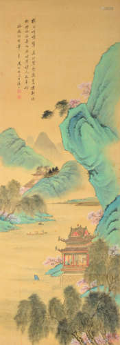 A PAINTING OF A ROCKY RIVER LANDSCAPE WITH PAVILIONS