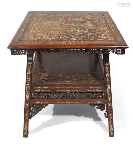 A WOOD SIDE TABLE WITH BONE INLAYS