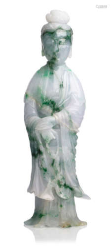A JADEITE FIGURE OF STANDING GUANYIN