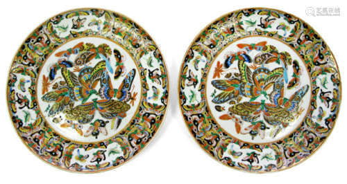 A PAIR OF POLYCHROME DECORATED PORCELAIN DISHES DEPICTING BUTTERFLIES