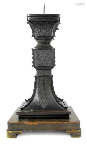 A GU SHAPED BRONZE VASE MOUNTED AS CANDLESTICK