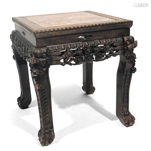 A RECTANGULAR AND FLORAL CARVED SIDE-TABLE WITH MARBLE TOP