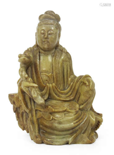 A SOAPSTONE CARVING OF SEATED GUANYIN