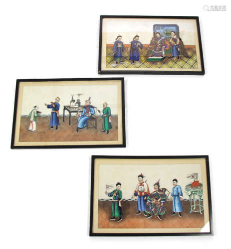 THREE RICEPAPER PAINTINGS DEPICTING FIGURAL SCENES