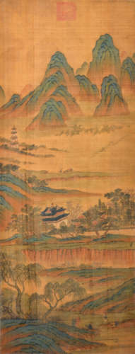 A ROCKY LANDSCAPE PAINTING WITH A PAVILION