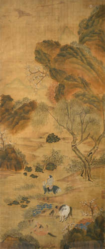 A LANDSCAPE PAINTING DEPICTING A RIDER ON HORSEBACK AND THREE HORSES