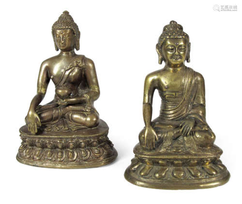 TWO BRONZE FIGURES OF BUDDHA SHAKYAMUNI SEATED ON A LOTUS THRONE