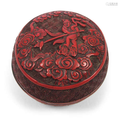 AN UNUSUAL DECORATED CINNABAR LACQUER BOX AND COVER WITH THE TAOIST IMMORTAL NEZHA