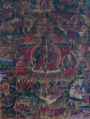 A THANG.KA DEPICTING PADMASAMBHAVA IN HIS PALACE