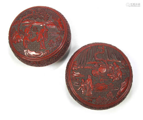 A PAIR OF CARVED RED CINNABAR LACQUER BOXES AND COVERS
