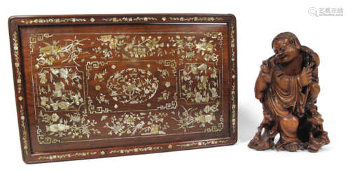A CARVING OF LIU HAI AND A TRAY WITH MOTHER OF PEARLS INLAYS