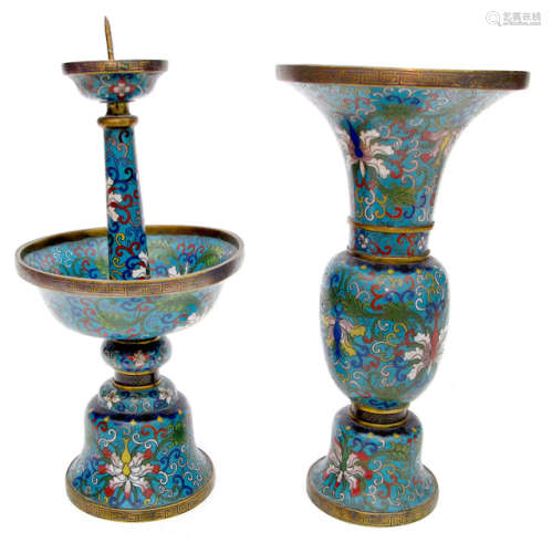 A CLOISONNE VASE AND CANDLE STICK DEPICTING LOTUS ON TURQUOISE GROUND