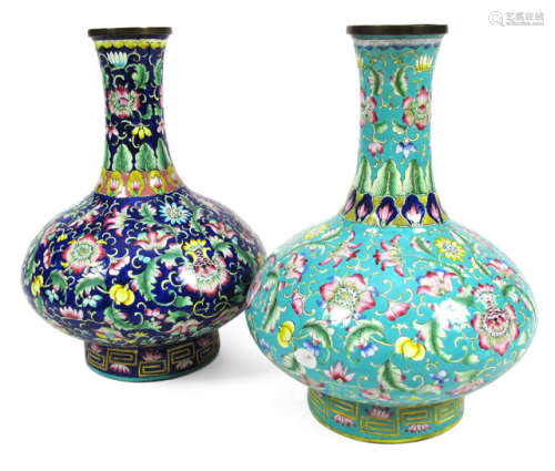TWO VASES WITH ENAMELLED FLORAL PATTERN
