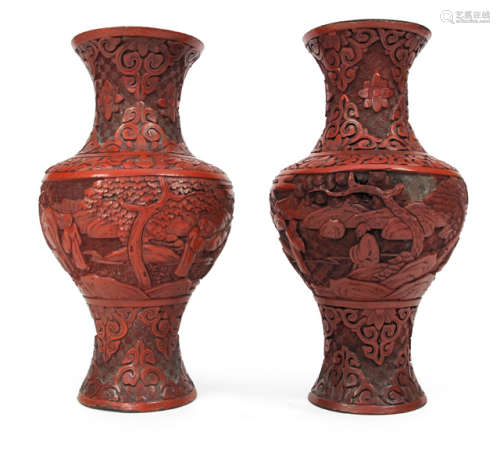A PAIR OF RED LACQUER VASES DEPICTING A FIGURAL SCENE
