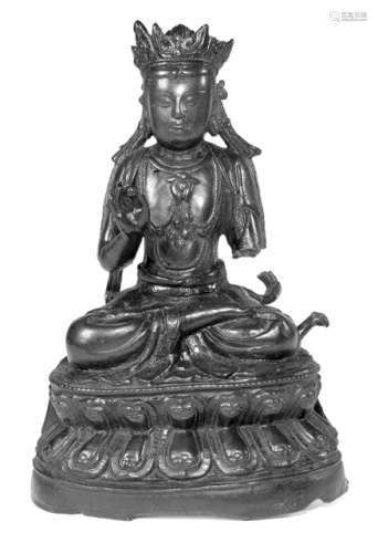 A BRONZE FIGURE OF SEATED GUANYIN ON LOTUS THRONE