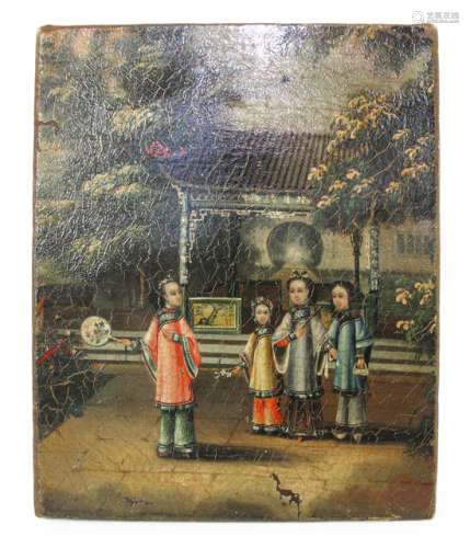 A PAINTING DEPICTING THREE CHILDREN AND A LADY IN A LANDSCAPE