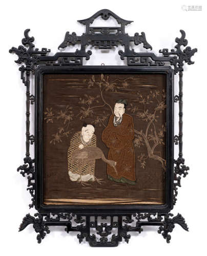 THREE WOOD FRAMES WITH EMBROIDERY FRAGMENTS DEPICTING FIGURAL SCENES