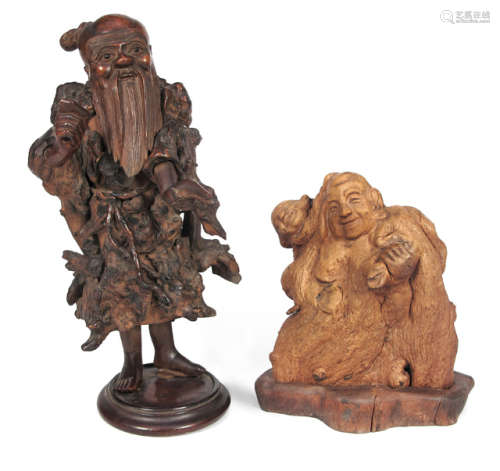 TWO WOOD FIGURES OF BUDAI AND AN IMMORTAL