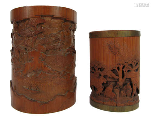 TWO CARVED BAMBOO BRUSH HOLDERS WITH LANDSCAPE AND FIGURES