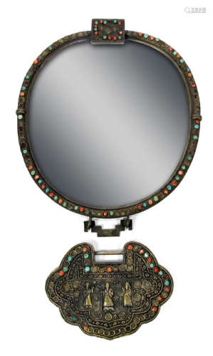 A SILVER PENDANT AN MIRROR WITH CORAL AND TURQUOISE STONES