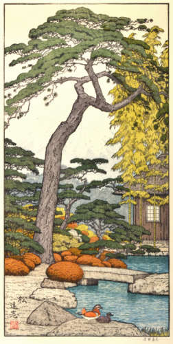 A COLOURED WOODBLOCK PRINT WITH TITLE 'MATSU' (PINE) BY TOSHI YOSHIDA