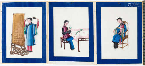 A GROUP OF GOUACHE PAINTINGS ON RICE PAPER. China, 19th c. The smallest: 16x11.5 cm, the largest: 32x20 cm. A small album with 12 illustrations of 