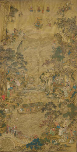 A LARGE PAINTING OF DEITIES IN A HEAVENLY PARADISE. China, dated 1765, 175x97 cm. Ink and colors on silk. Signed: Zhou Qingshu. Framed under glass. Somewhat damaged. Silk brittle.