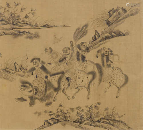 SEVEN ALBUM LEAVES WITH FIGURATIVE ILLUSTRATIONS. China, Qing Dynasty, 28x30 cm. Ink on silk. One sheet signed: Li Gonglin, with a seal. Framed under glass. (7)