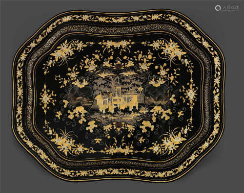 TWO BLACK LACQUER TABLETS WITH FIGURES AND FLOWERING TENDRILS PAINTED IN SILVER AND GOLD LACQUER.