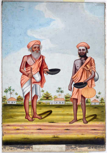 A LARGE FORMAT MINIATURE OF TWO ASCETICS. India, Tanjore, early 19th c. 38.5x28 cm. Pigments on paper. Handwritten name at the bottom.