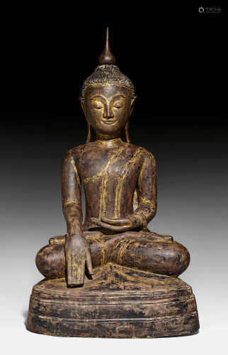 A LARGE DRY LACQUER BUDDHA. Burma, Shan style, 20th c. H 122 cm. Traces of black lacquer and gilding. The locks of hair somewhat damaged. Ketumala removable.