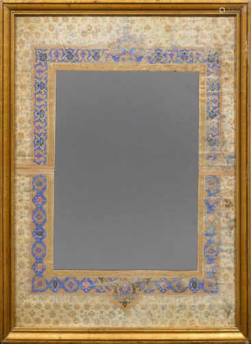A MIRROR WITH AN ILLUMINATED MANUSCRIPT BORDER. Border: Iran, Qajar. Frame and mirror: later. Frame 66x51 cm, manuscript leaf (together) ca. 60x45 cm. Framed.