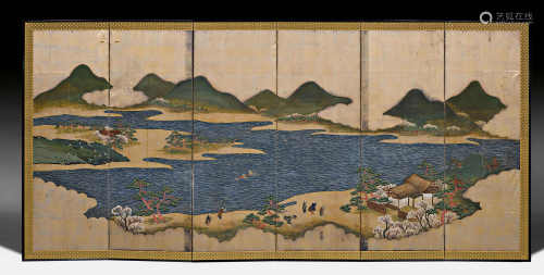 A SIXFOLD SCREEN SHOWING A RIVER AND A HOUSE AT THE CHERRY BLOSSOM SEASON.