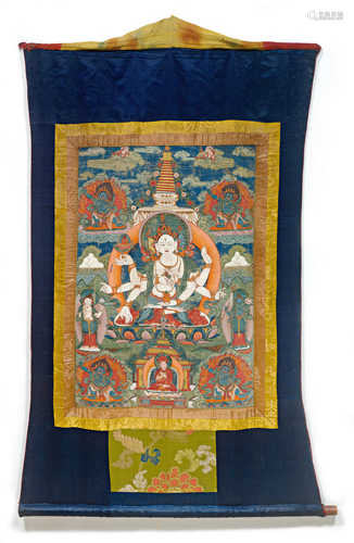 A THANGKA OF USHNISHAVIJAYA SEATED IN A WHITE STUPA.