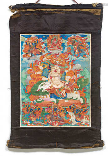 A THANGKA OF THE FIVE GREAT KINGS WITH PEHAR IN THE CENTRE.