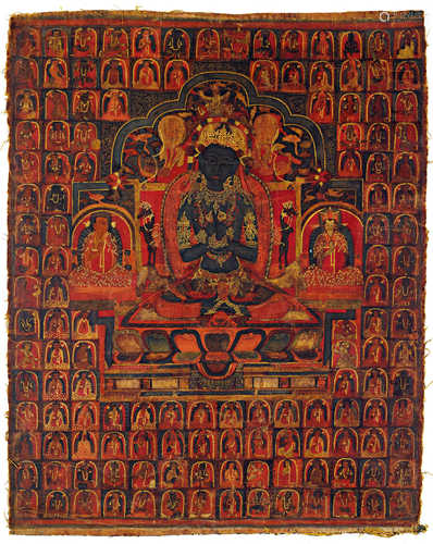 A THANKA OF VAJRADHARA WITH THE 84 MAHASIDDHAS.