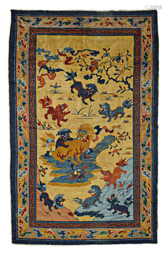 A BUFF GROUND WOOL CARPET DECORATED WITH NINE LIONS.