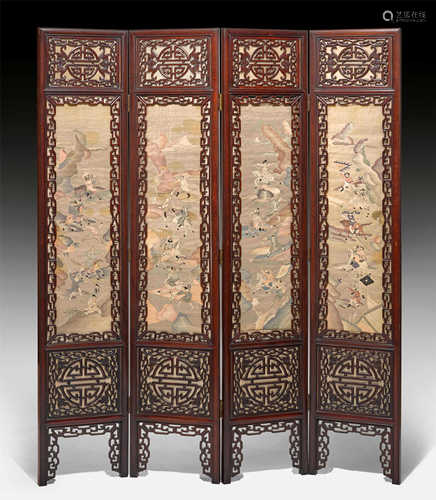 A FOUR PANEL FOLDING SCREEN WITH KESI PANELS.