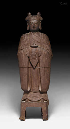 AN IRON FIGURE OF A STANDING FEMALE ATTENDANT.