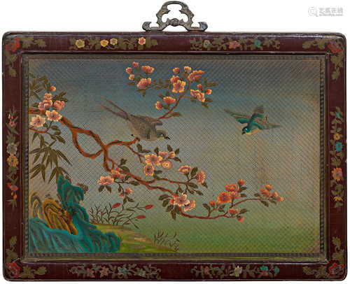 A LACQUER PANEL WITH BIRDS AND FLOWERS.