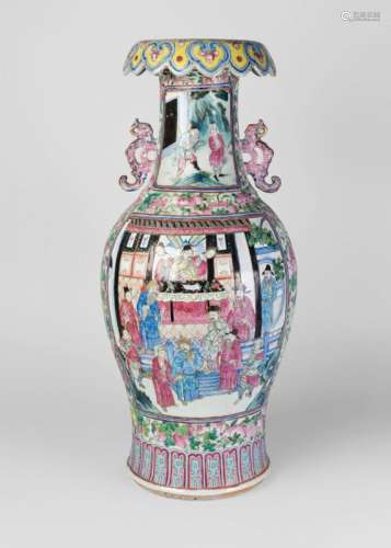 A large Chinese Canton export porcelain baluster vase, mid 19th century, painted in famille rose enamels with panels of warriors, on a ground of peony and pomegranate, with upturned ruyi rim and pierced stylised dragon handles to neck, 61cm high