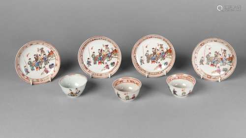 Three Canton export porcelain tea bowls and four saucers, Qianlong, each painted in famille rose enamels with young boys engaged in tea ceremonies, bowls 4cm high, saucers 12cm diameter (7)